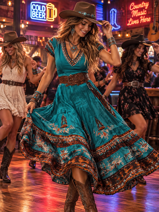 Printed V-Neck Short Sleeve Dress