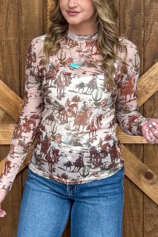 Western Scene Mesh Long Sleeve Top Khaki