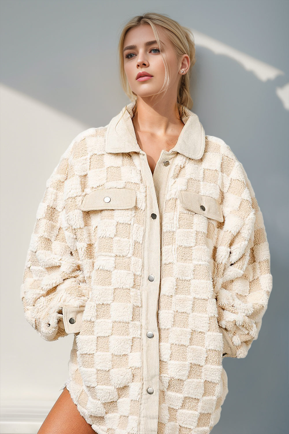 Double Take Button Up Fuzzy Checkered Shacket Cream