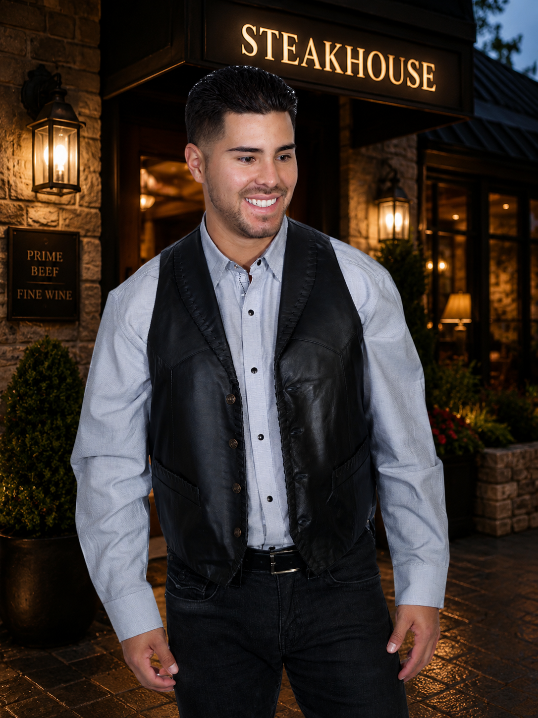 Black Whipstitch Lambskin Leather Vest