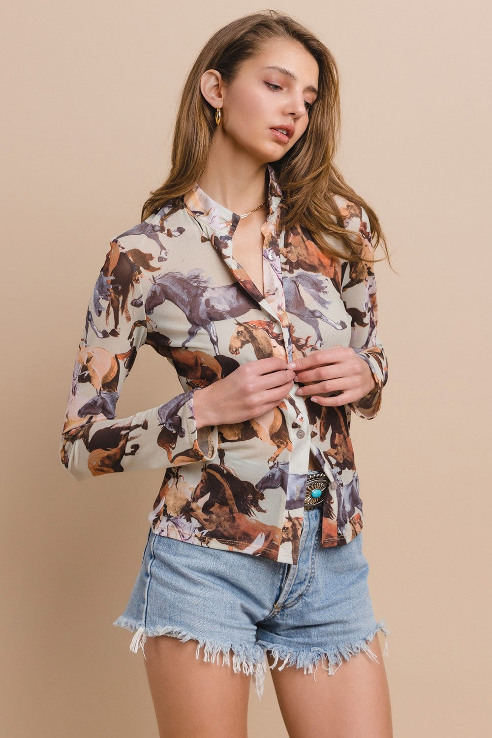 Manada de Caballos Print Button Down Shirt by Nylon Apparel in Size S, M, or L