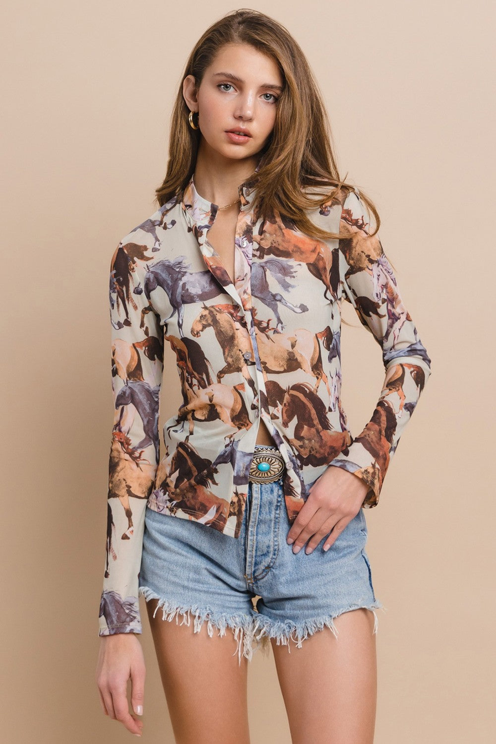 Manada de Caballos Print Button Down Shirt by Nylon Apparel in Size S, M, or L