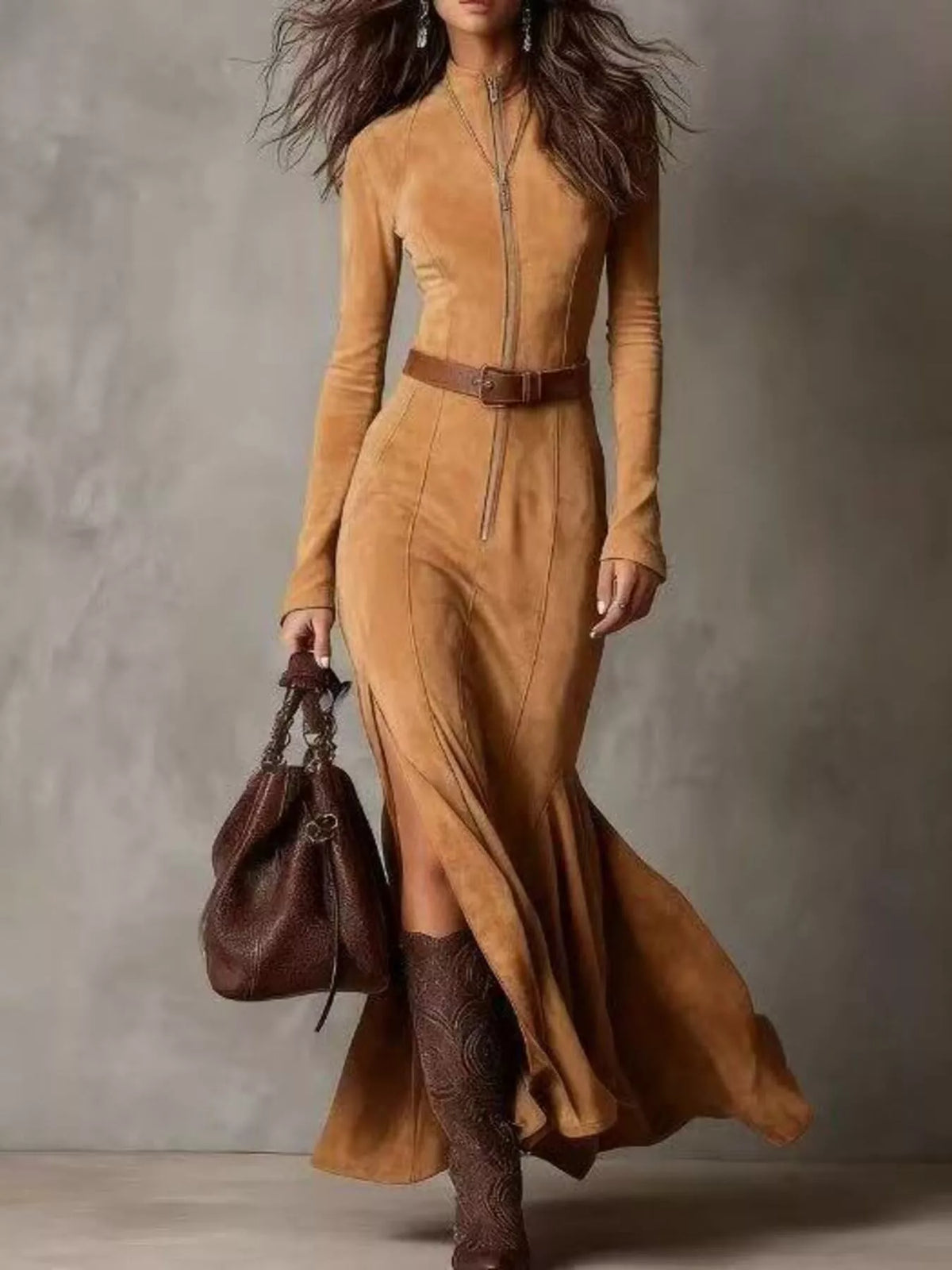 Zipper Front Long Sleeve Slit Maxi Dress Tan