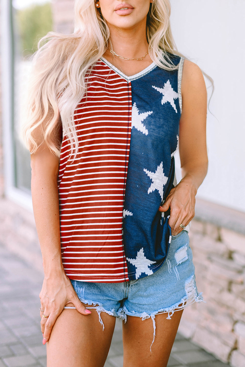 Star and Stripe V-Neck Tank Multicolor