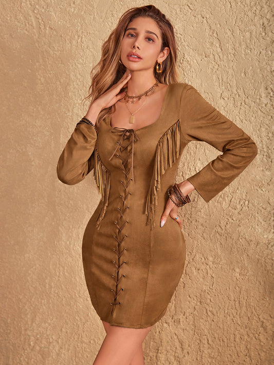 Fringe Lace Up Square Neck Long Sleeve Mini Dress Caramel