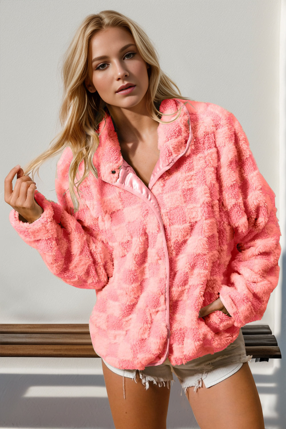 Double Take Checkered Long Sleeve Fuzzy Jacket Strawberry