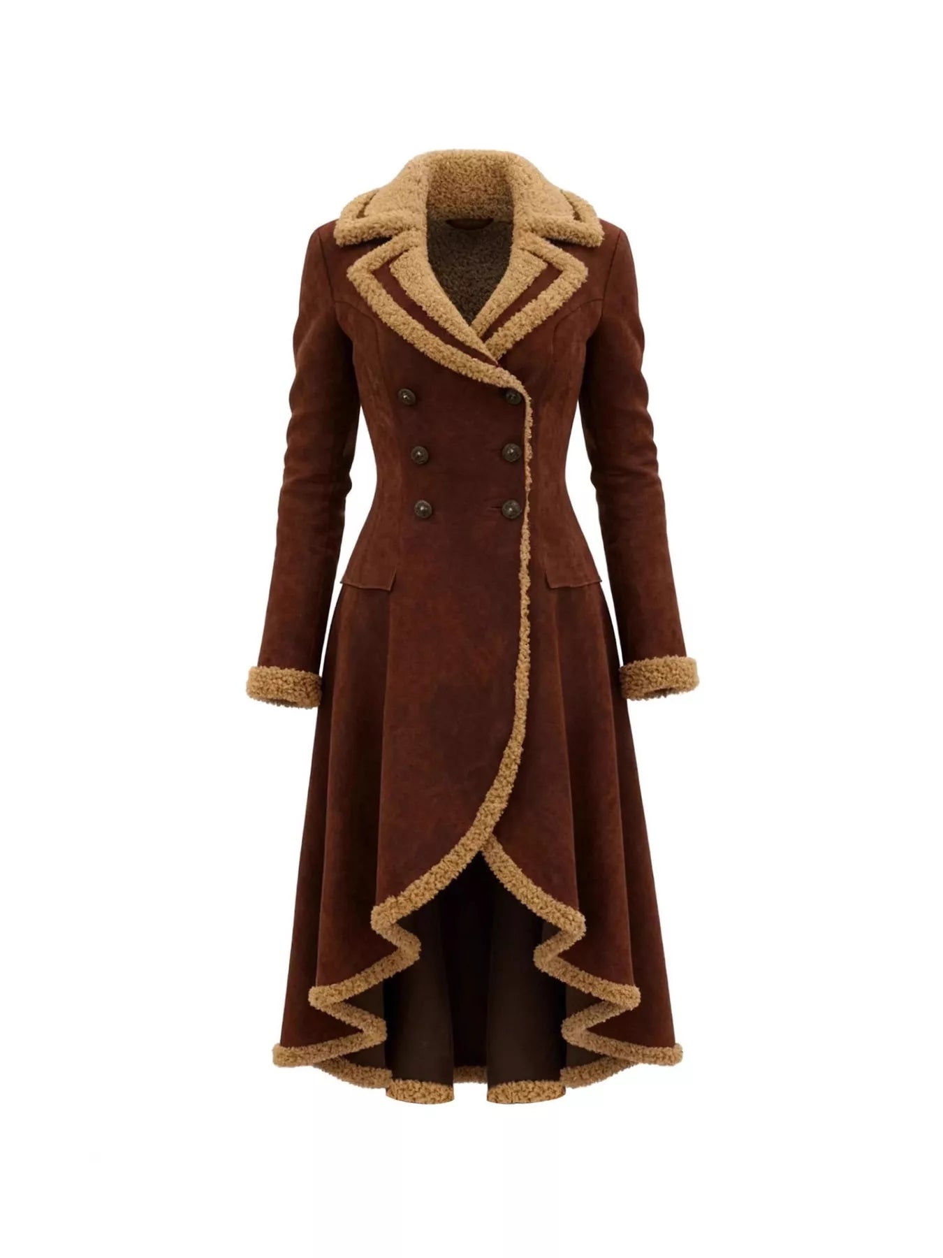 Vintage Style Suede Sherpa Trimmed Overcoat Dark Brown