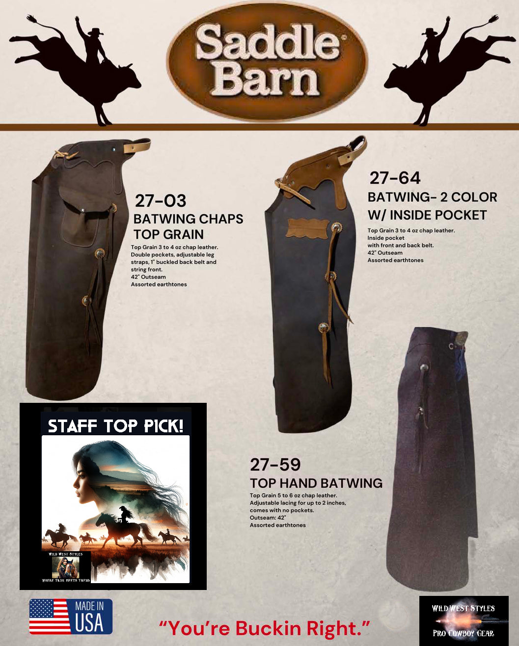 Saddle Barn Batwing Chaps in 3 Style Choices