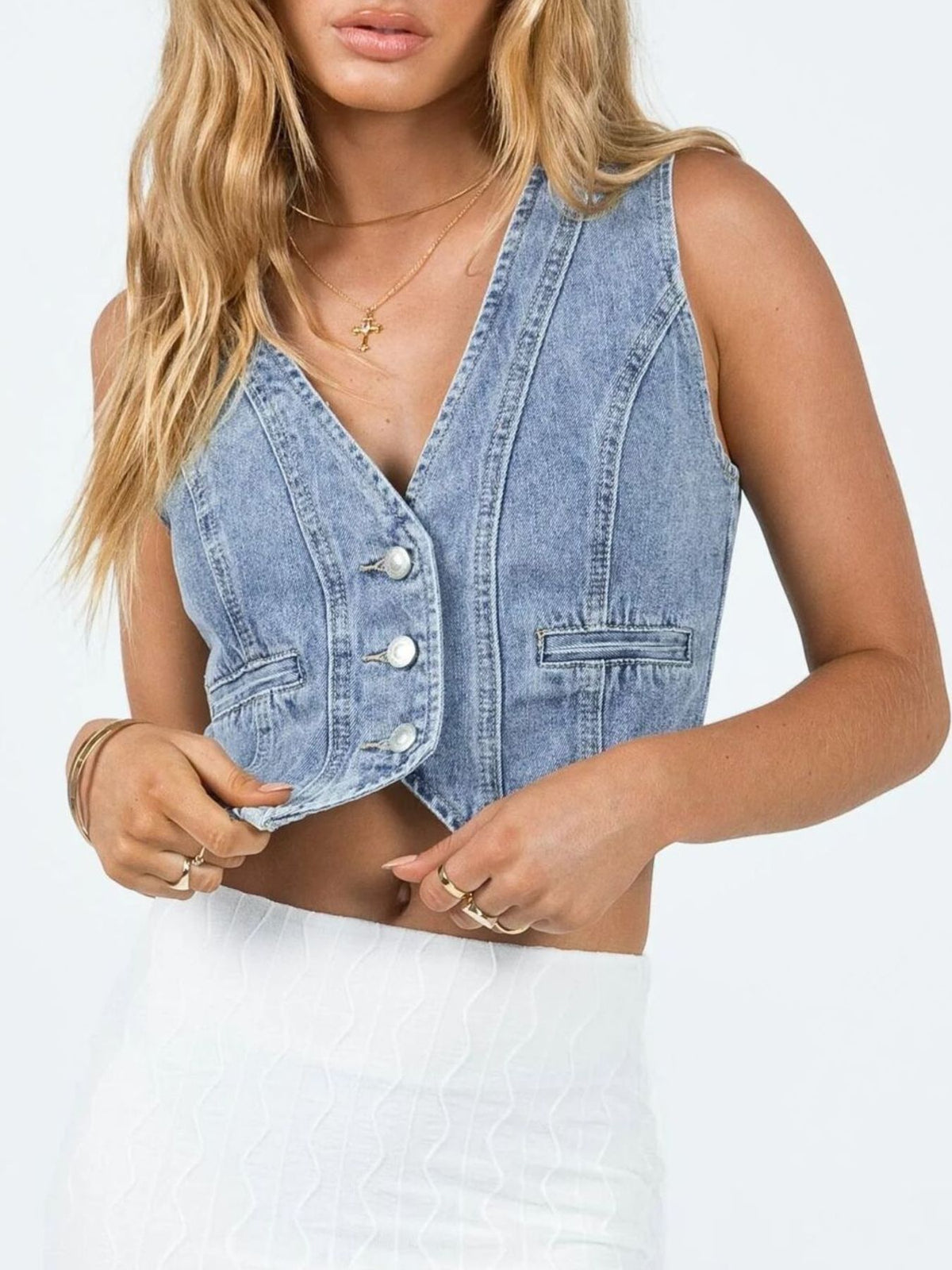 V-Neck Button Up Denim Vest Light