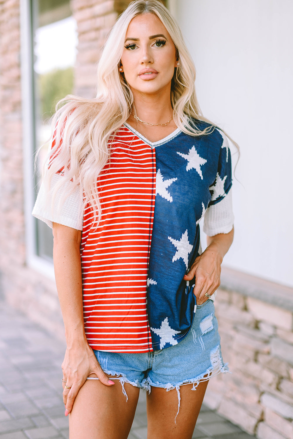 Star and Stripe V-Neck Top Multicolor