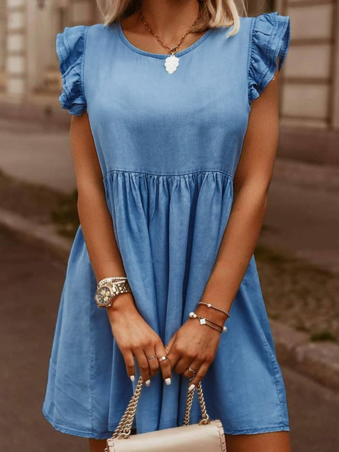 Ruffled Round Neck Cap Sleeve Denim Dress Medium Blue