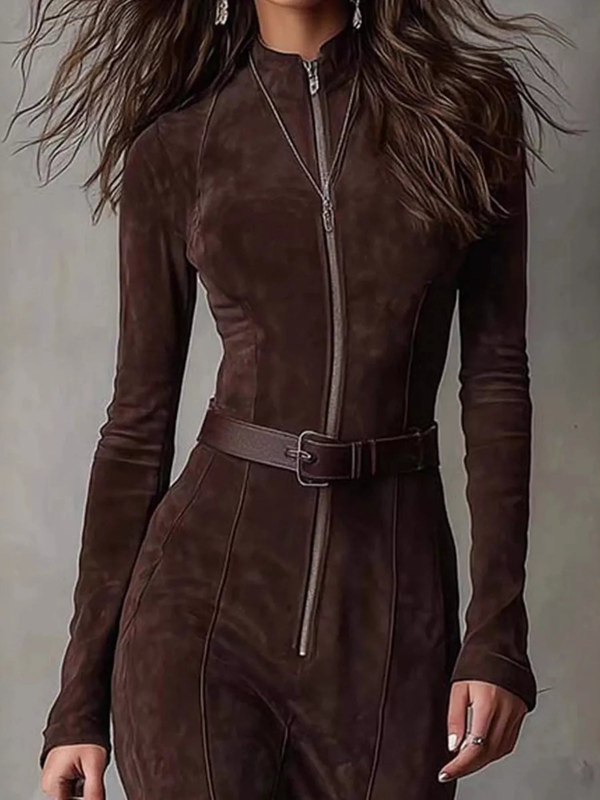 Zipper Front Long Sleeve Slit Maxi Dress