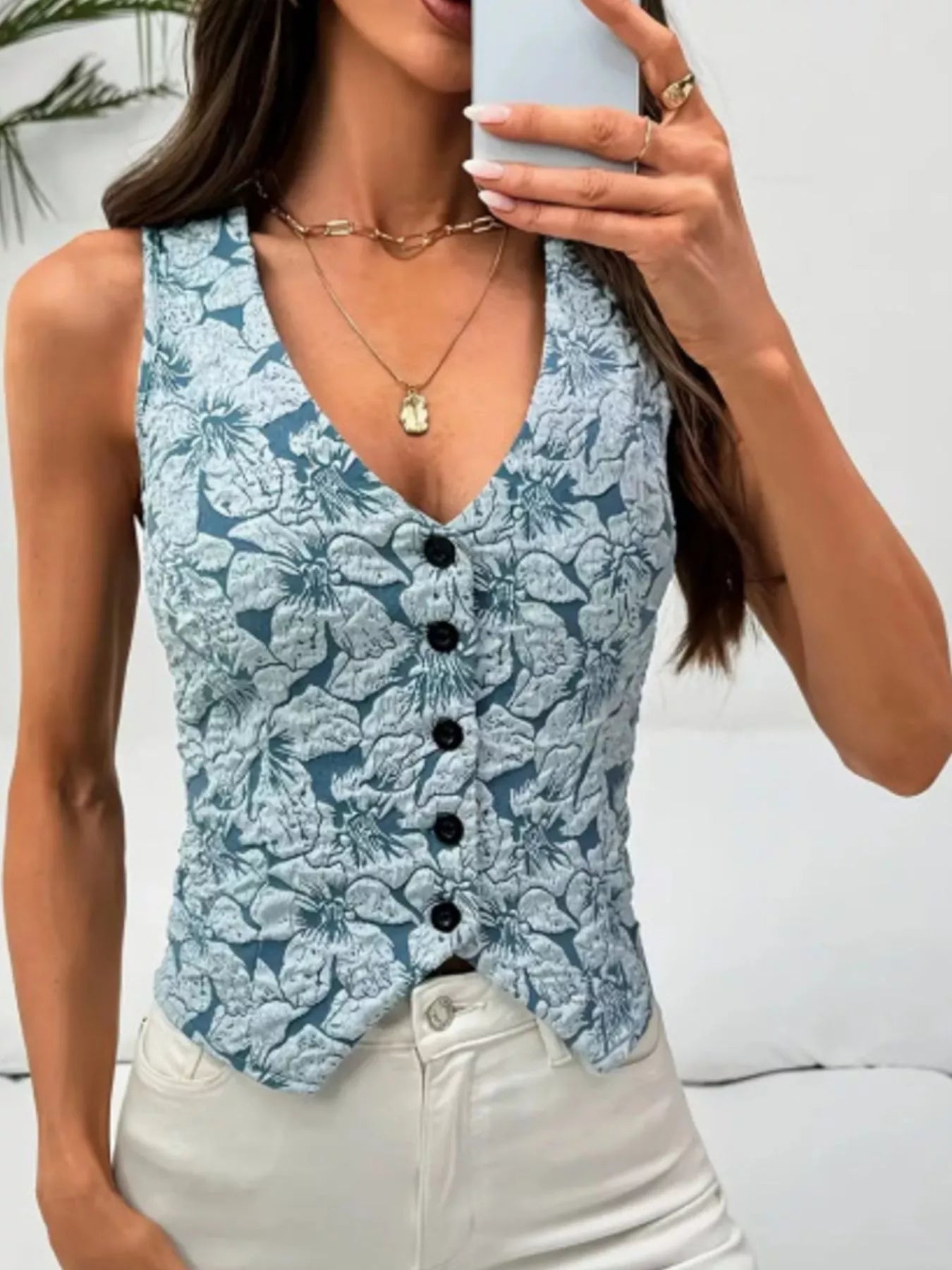 Floral Jacquard Button-Front Vest Coat