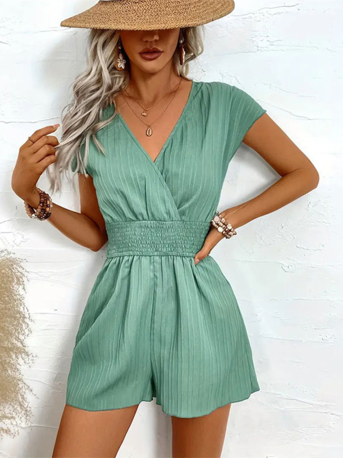 Tied Surplice Short Sleeve Romper Air Force Blue