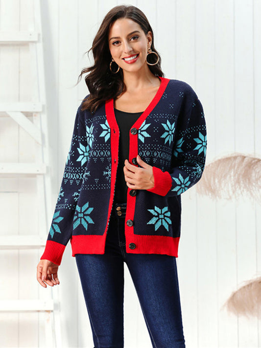 Snowflake Pattern Button Down Cardigan Dark Blue