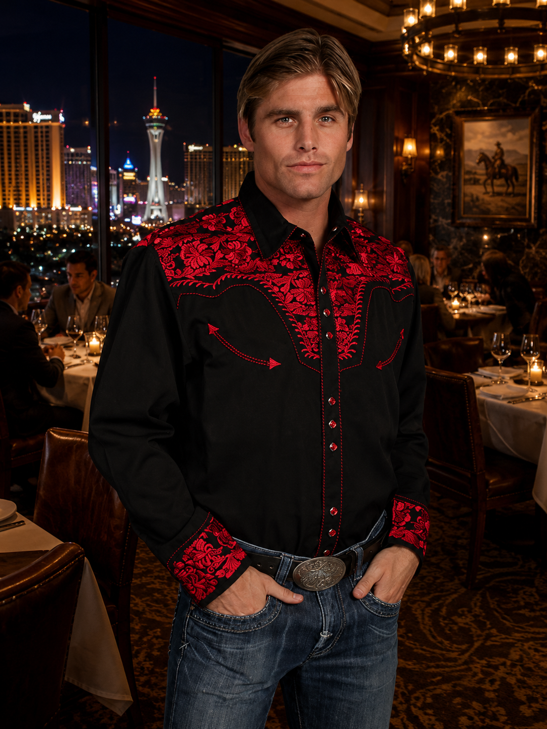 Crimson Floral Tooled Men's Western Shirt
