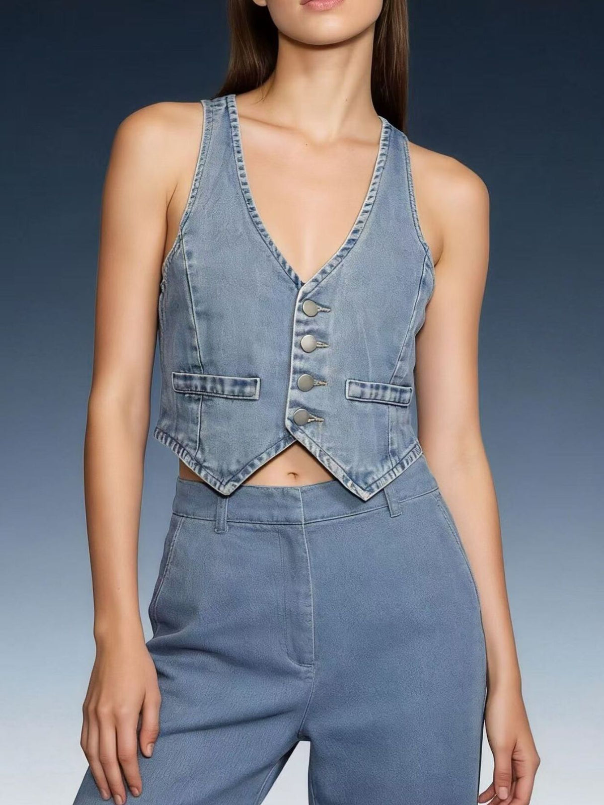 Button-Down Denim Vest Light Blue