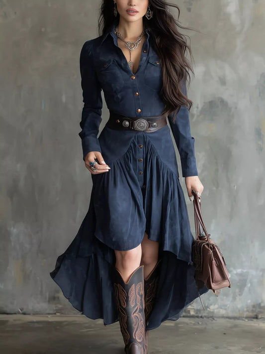 Button-Down High-Low Shirt Dress Navy