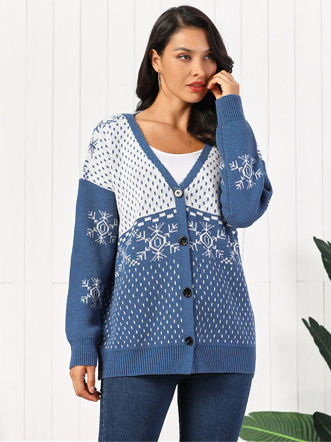 Snowflake Button Down Cardigan Dusty Blue