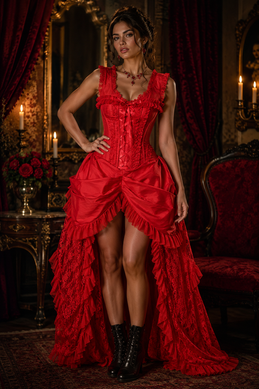 Red Lace Victorian Bustle Corset Dress