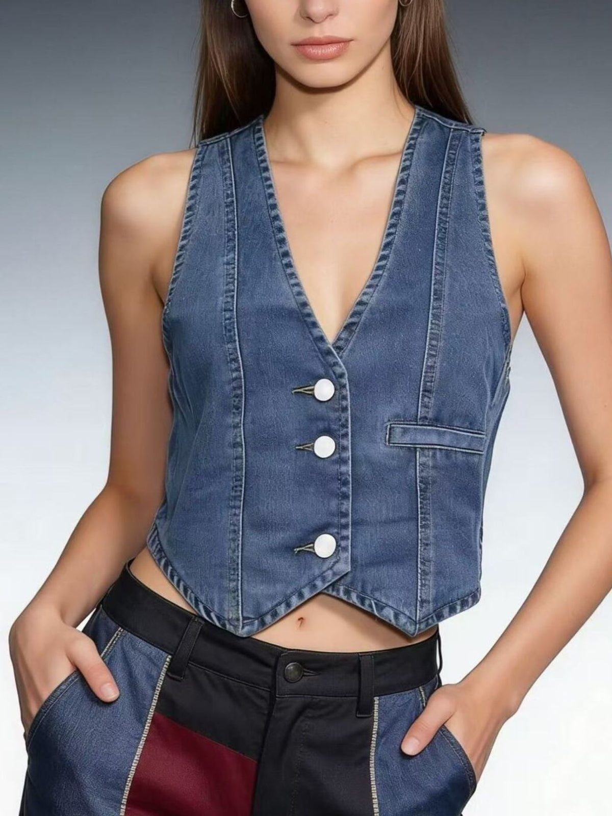 Button-Down Denim Vest Dark Blue
