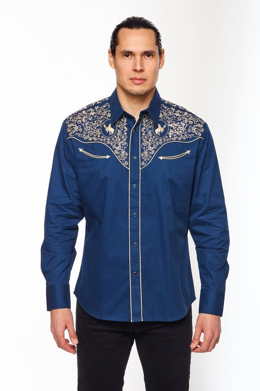 Gold Buckle Cowboy Embroidered Bareback Rider Shirt in Blue by Rodeo Clothing in Size M, L, XL, or XXL