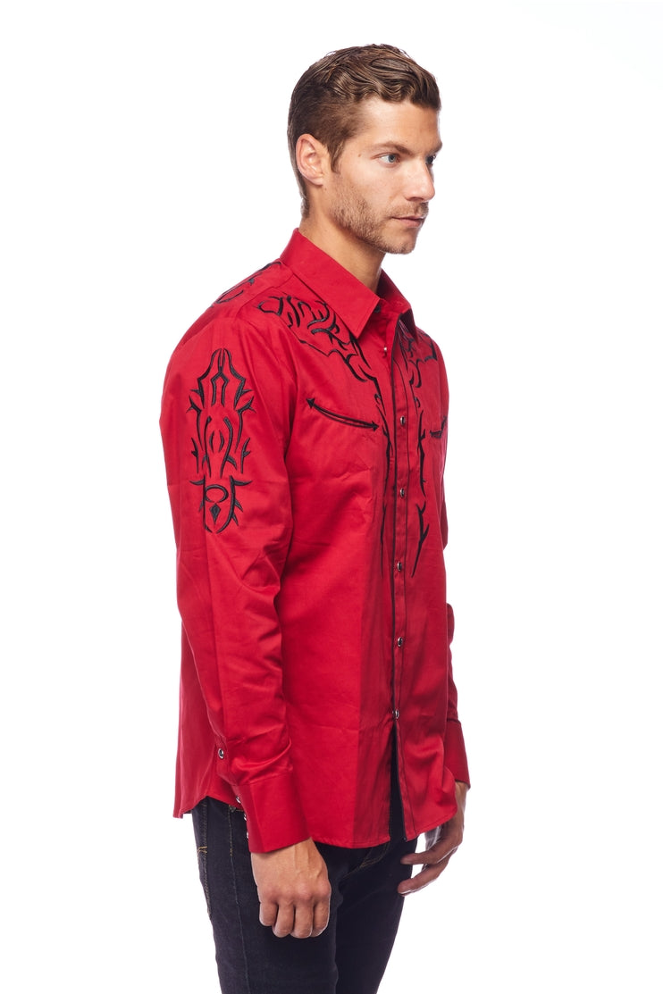 Gold Buckle Cowboy Embroidered Red Shirt by Rodeo Clothing in Size M, L, XL, or XXL