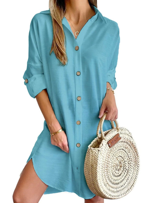 Button Down Long Sleeve Shirt Dress Lake Blue