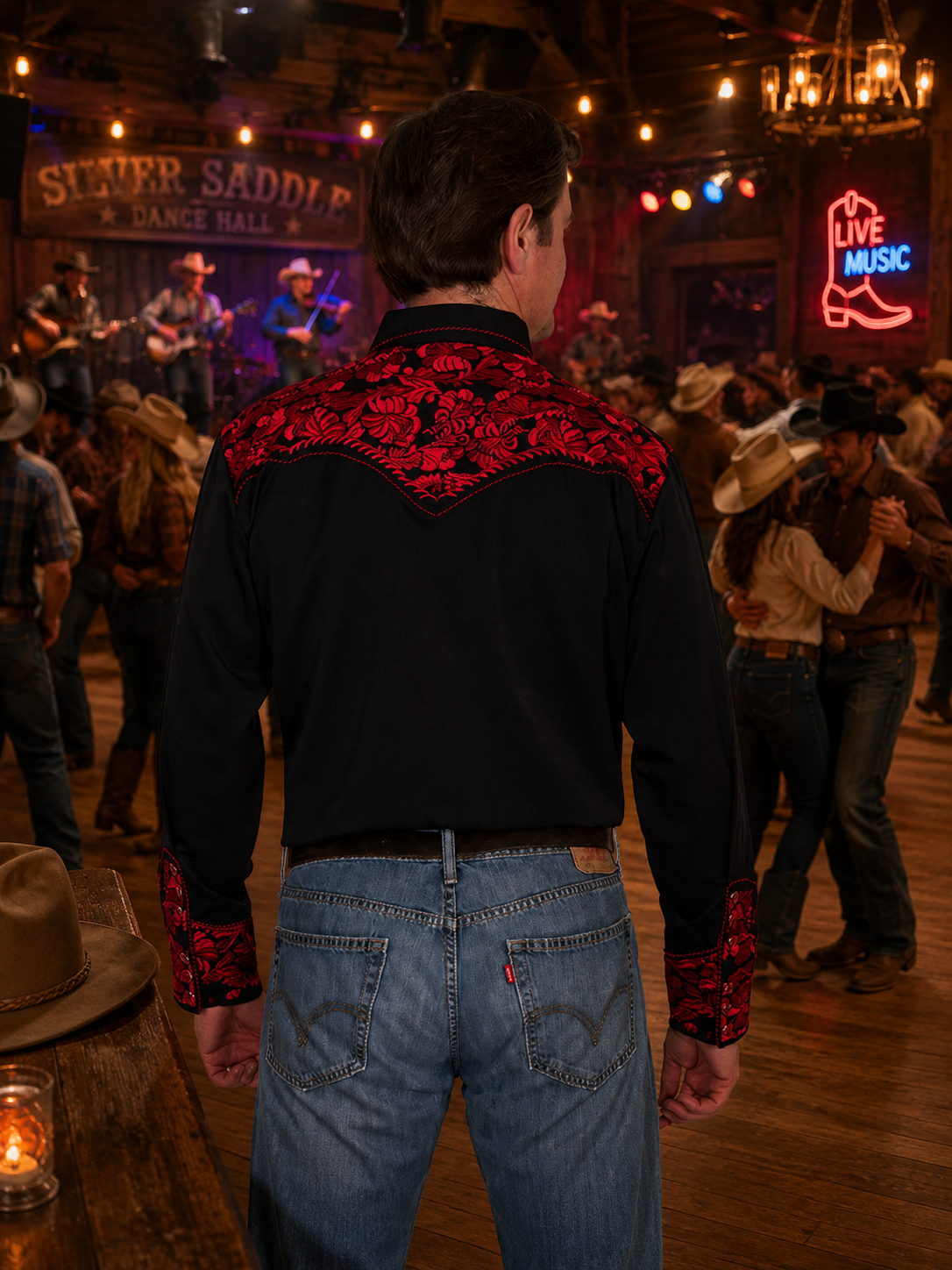 Crimson Floral Tooled Men's Western Shirt