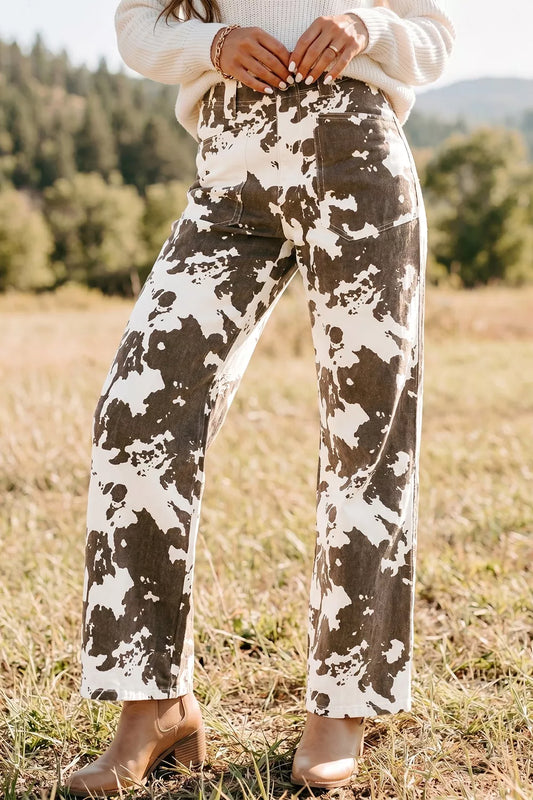 Abstract Pattern Regular Fit Full-Length Western Style Jeans Dark Brown