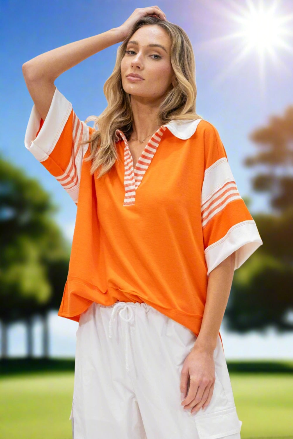 Contrasting Stripes Polo Shirt in Size S, M, L, 1XL, 2XL, 3XL Orange