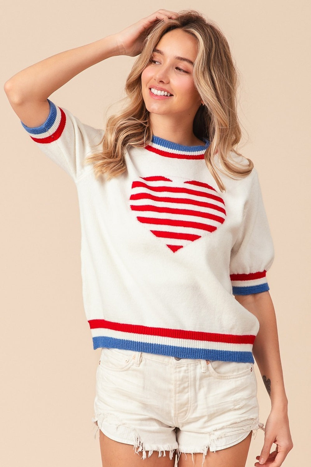 BiBi US Flag Theme Striped Heart Sweater in Size S, M, L, XL