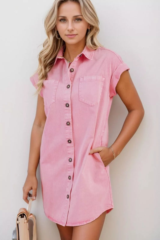 Button Down Short Sleeve Denim Dress Blush Pink