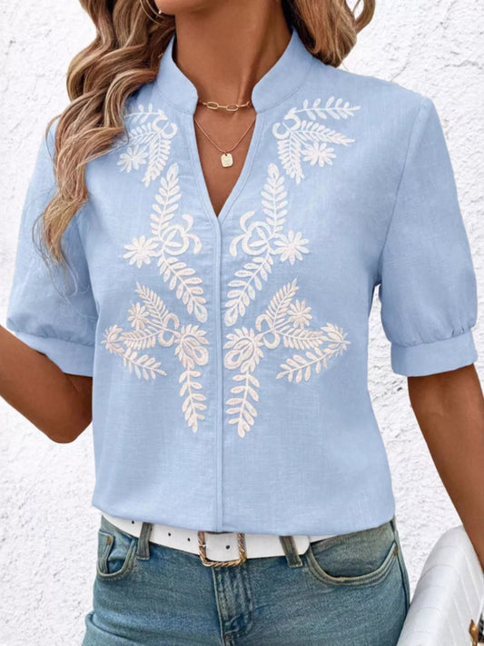 Embroidered Notched Short Sleeve Blouse Blue