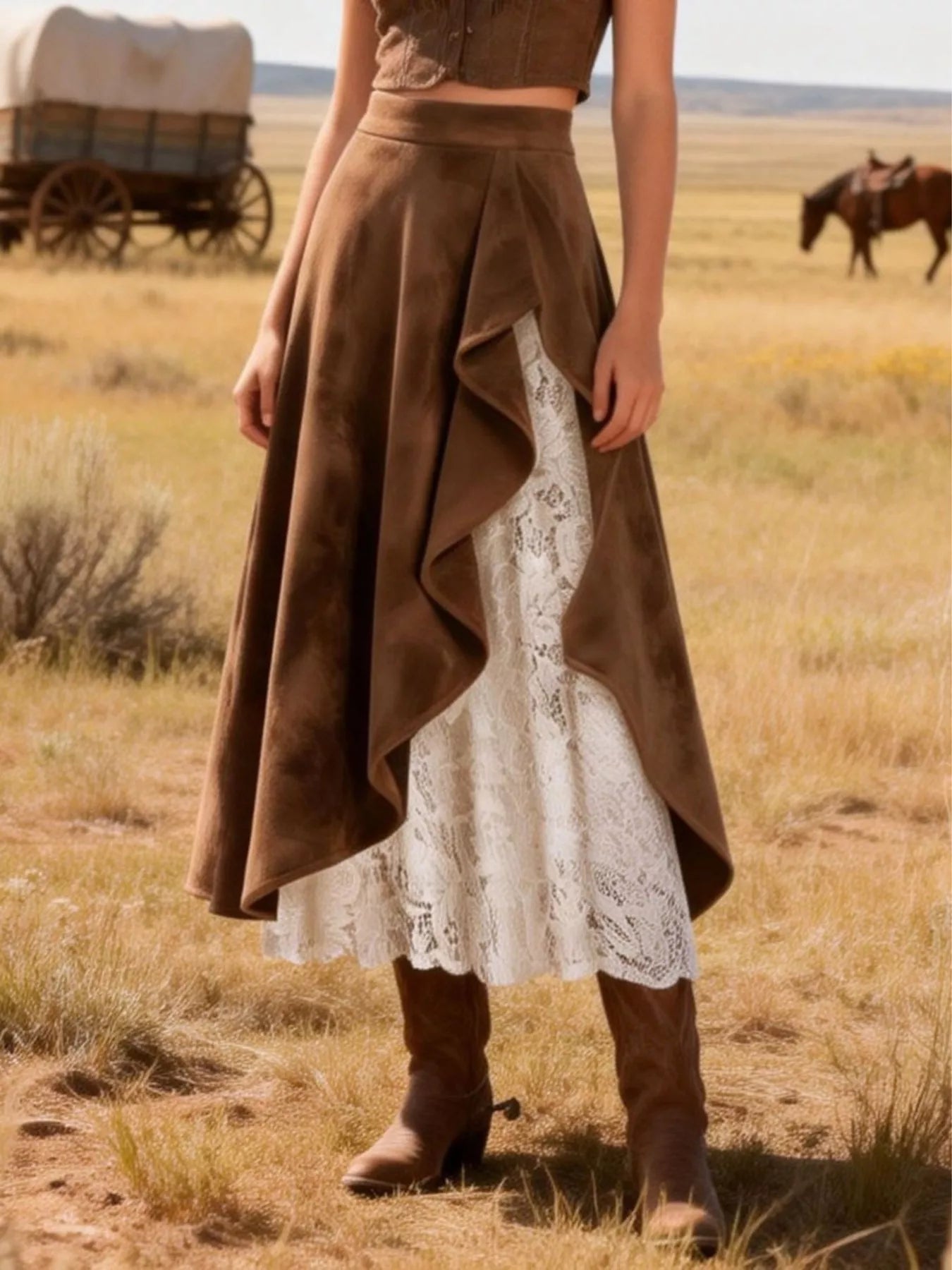 Lace Ruffled Midi Skirt Brown