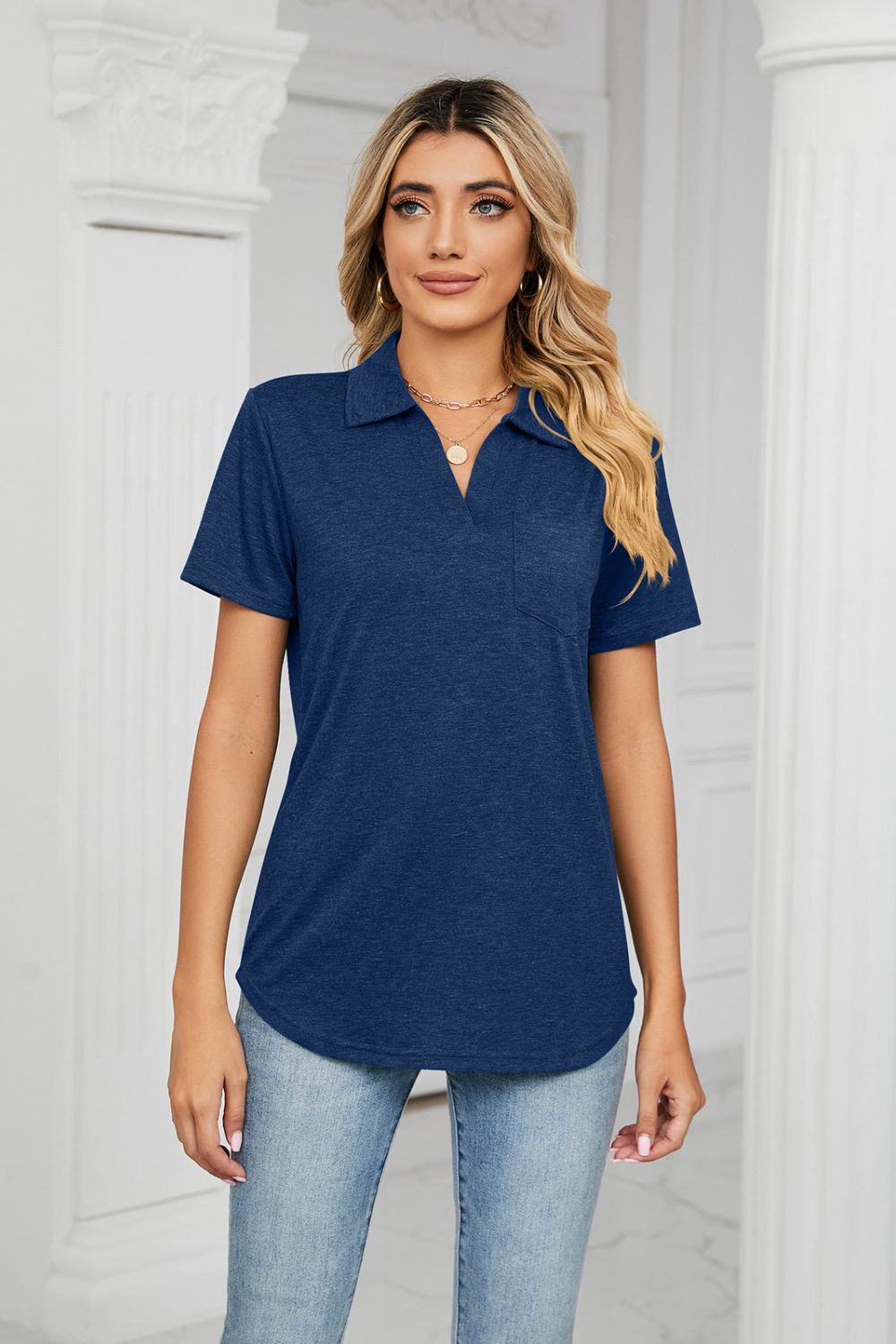 Curved Hem Johnny Collar Polo Shirt in 7 Color Choices in Size S, M, L, XL, 2XL Navy