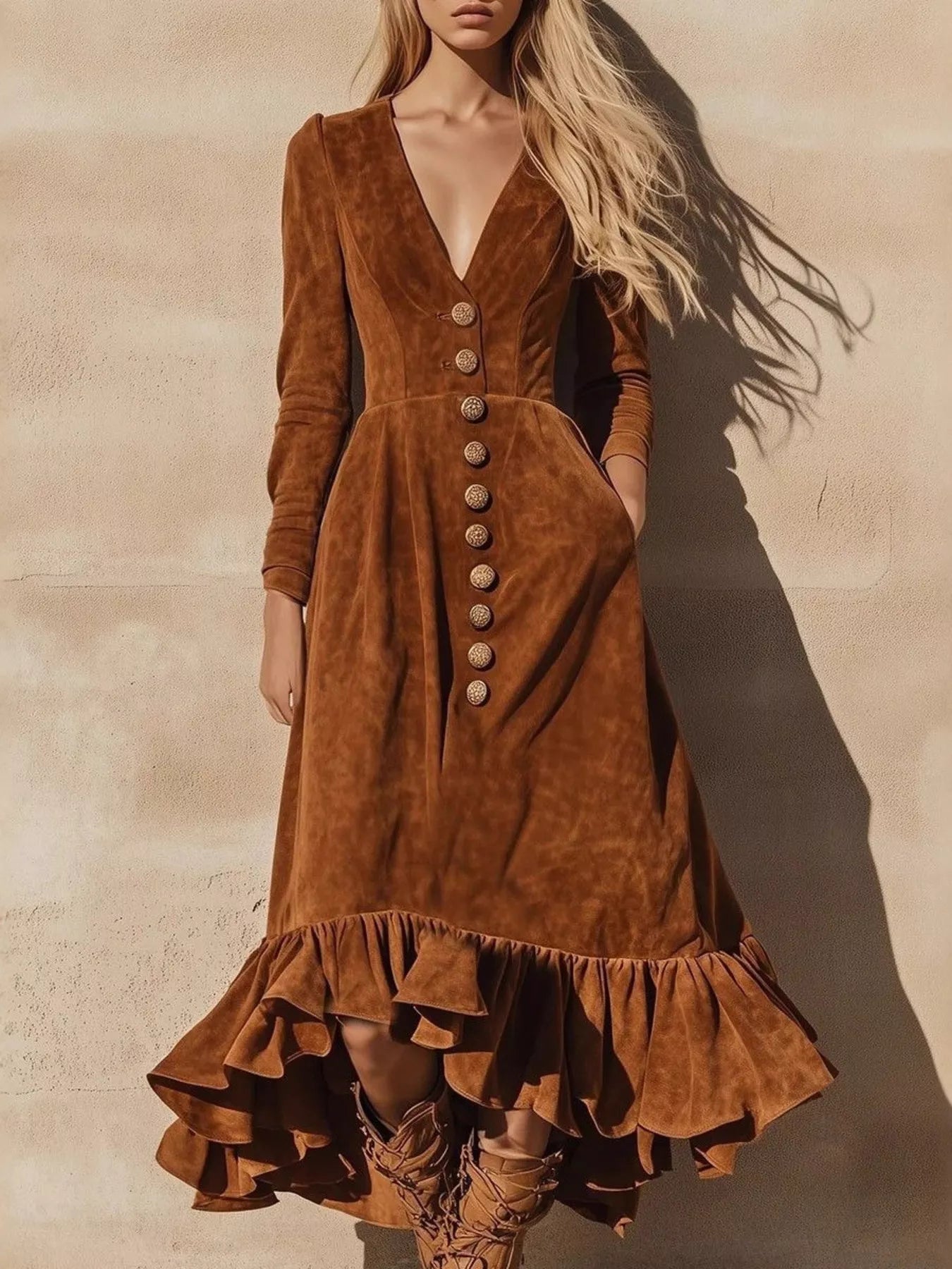 Ruffle Hem V-Neck Midi Dress Dark Brown