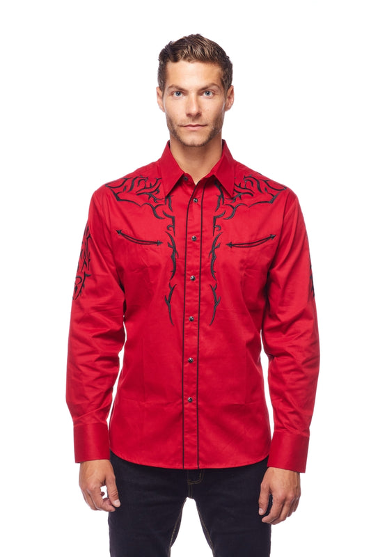 Gold Buckle Cowboy Embroidered Red Shirt by Rodeo Clothing in Size M, L, XL, or XXL