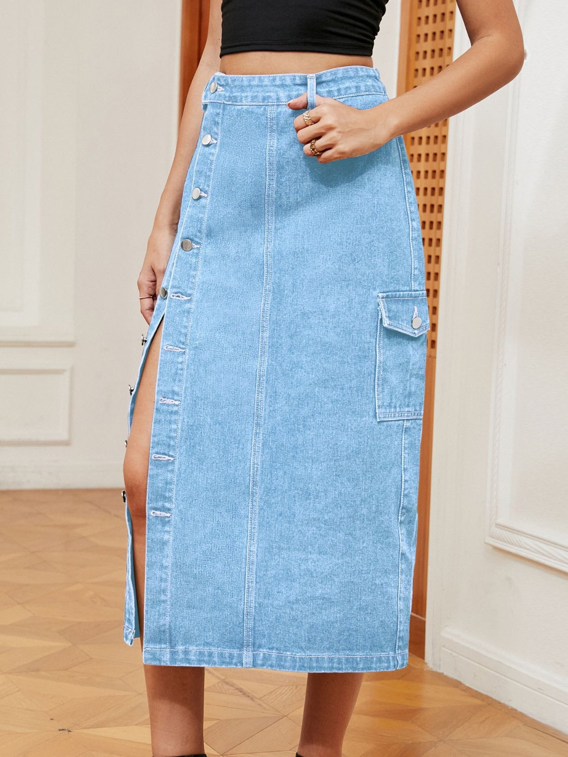 Button Down Denim Skirt in Size S, M, L, XL, or 2X Light