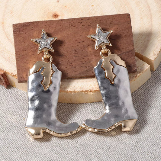 Western Cowboy Boot Star Dangle Earrings Silver onesize