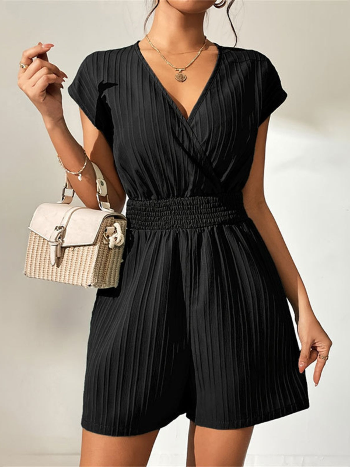 Tied Surplice Short Sleeve Romper Black