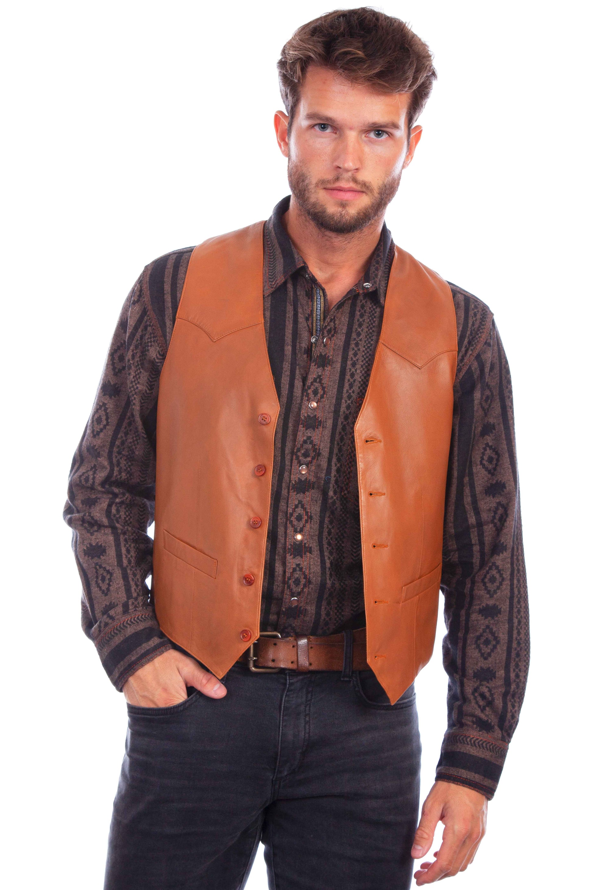 Ranch Tan Lambskin Leather Vest with Front Button Closure by Scully in Size 36, 38, 40, 42, 44, 46, 48, 50, 52, 54, or 56