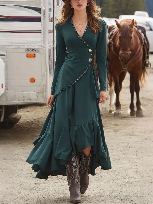 Surplice Asymmetrical Ruffle Hem Maxi Dress Sage