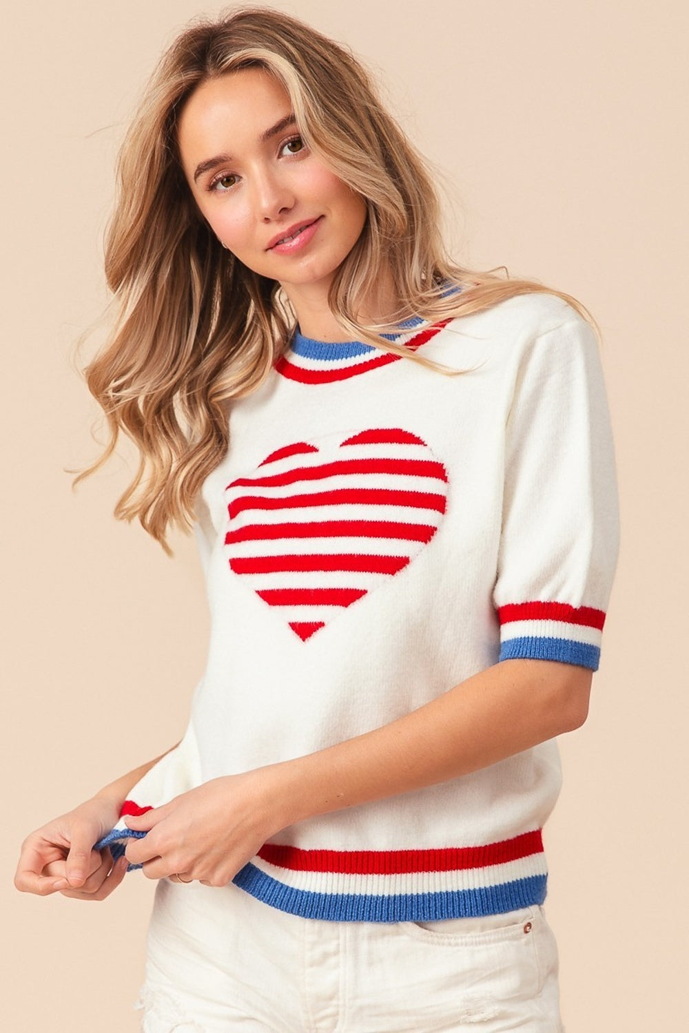 BiBi US Flag Theme Striped Heart Sweater in Size S, M, L, XL