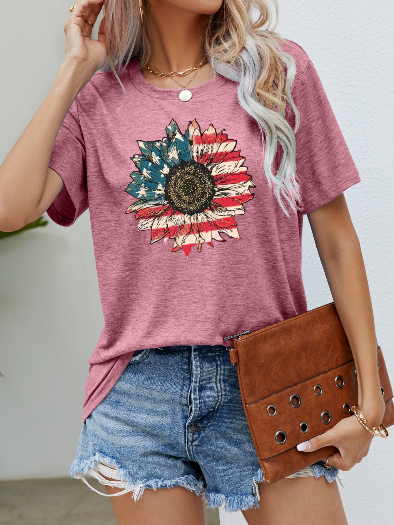 US Flag Flower Graphic Tee in Size S, M, L, XL Dusty Pink