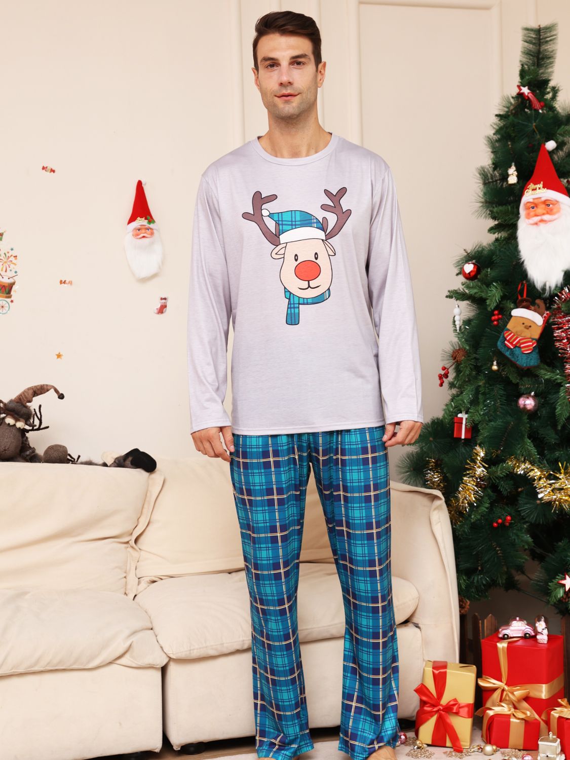 Full Size Rudolph Graphic Long Sleeve Top and Plaid Pants Set Azure