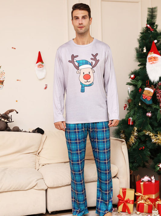 Full Size Rudolph Graphic Long Sleeve Top and Plaid Pants Set Azure