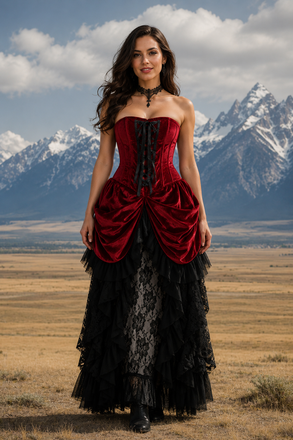Dark Red Velvet Victorian Bustle Under Bust Corset Dress