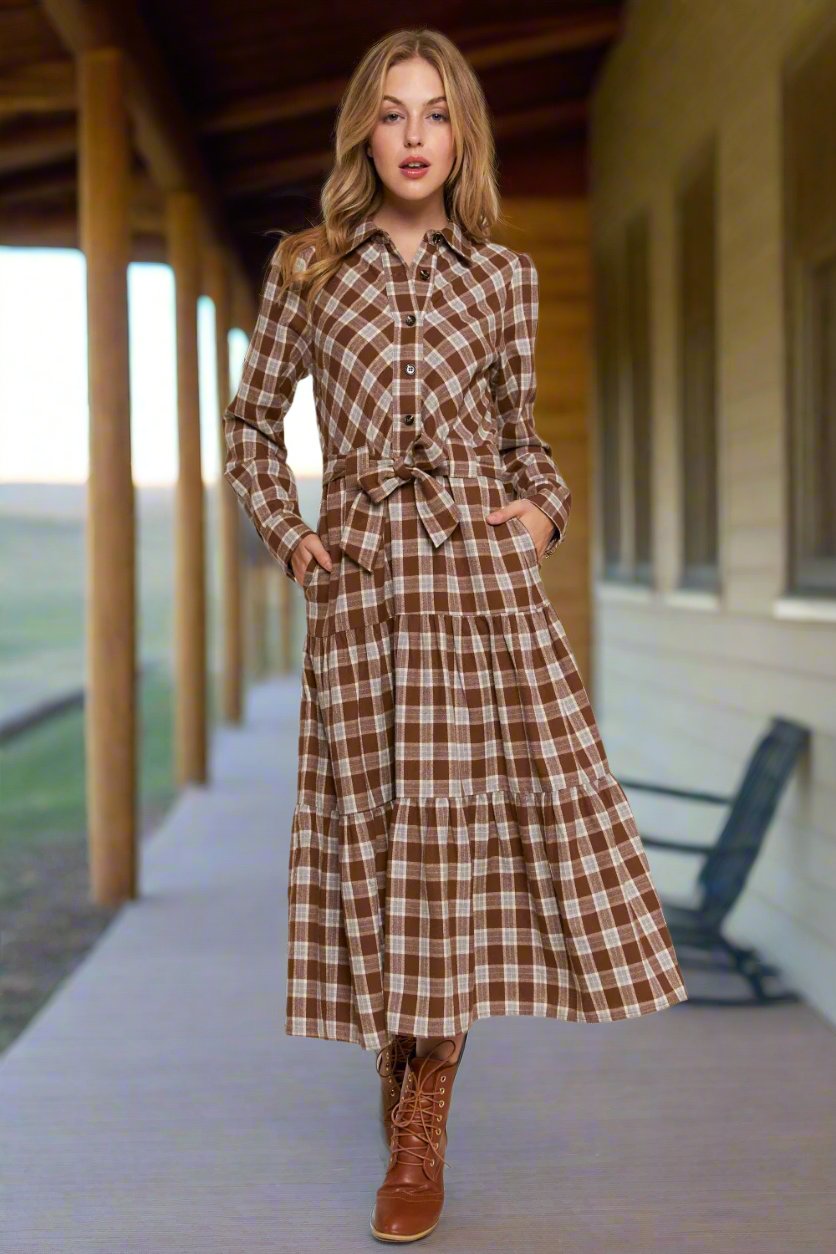 Plaid Tiered Midi Shirt Dress