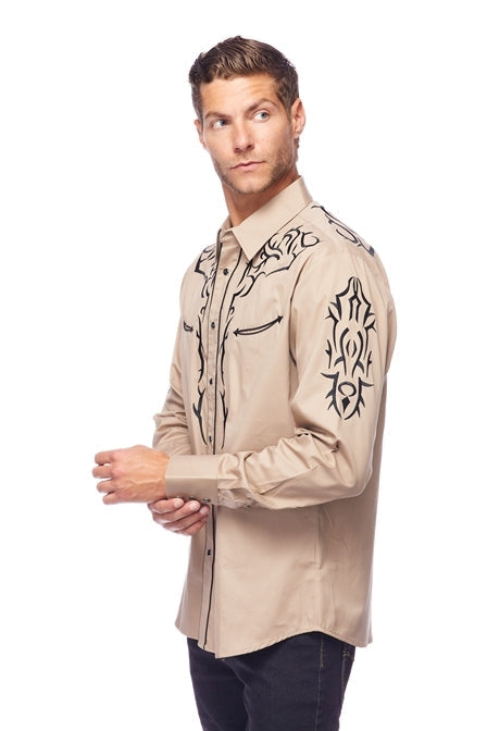 Gold Buckle Cowboy Embroidered Tan Shirt by Rodeo Clothing in Size M, L, XL, or XXL